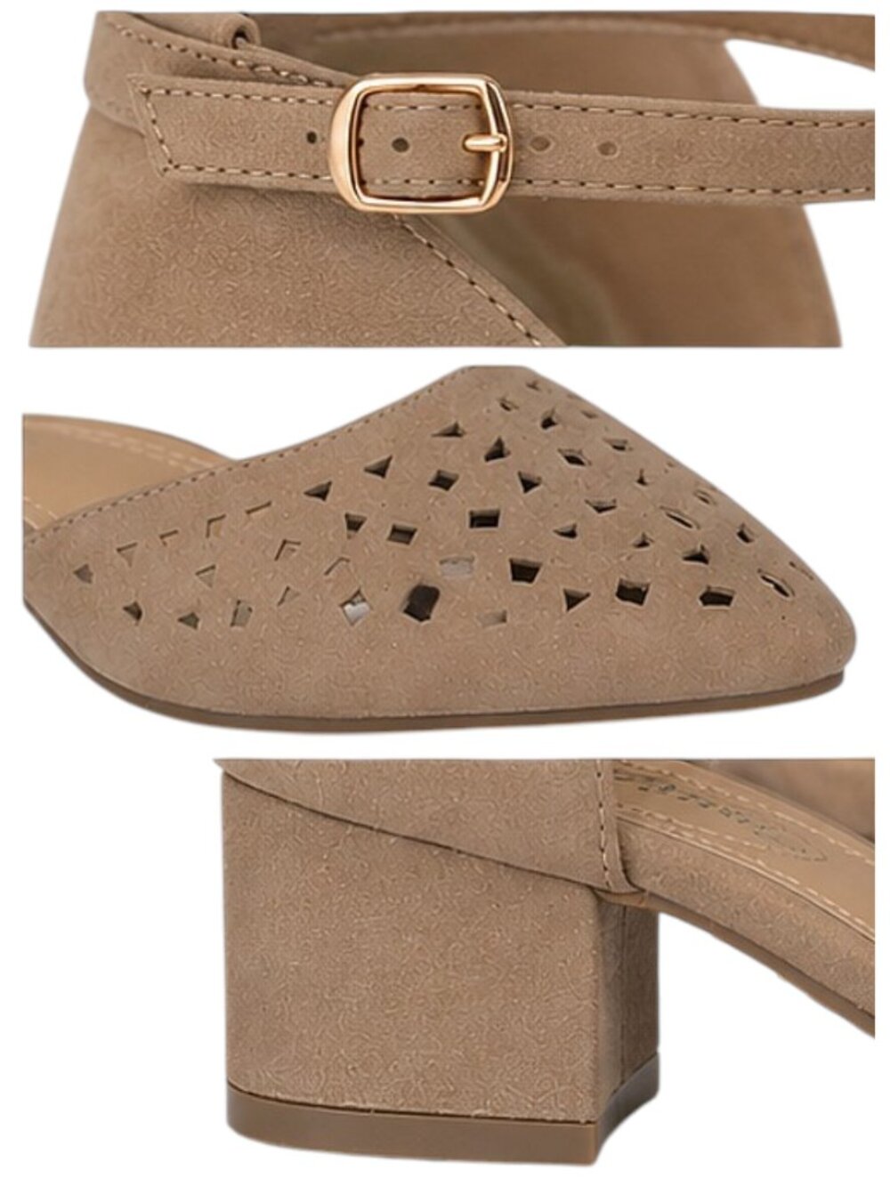 Nature Breeze Apex-01 Faux Suede D’Orsay Perforated Block Heel Beige Sandals - Picture 6 of 6